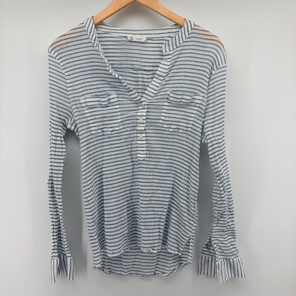 Carve Designs Henley Top Womens XL Blue White Striped Organic Cotton Gauze Shirt